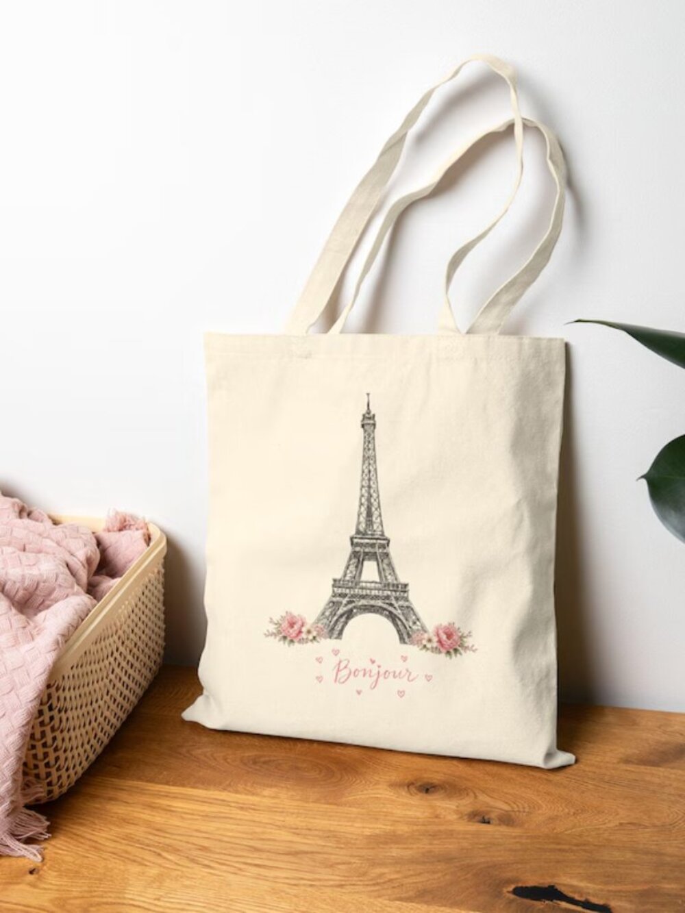Bonjour Eiffel Tower with Roses Tote Bag – Natural Tan Canvas 15" x 16" NEW